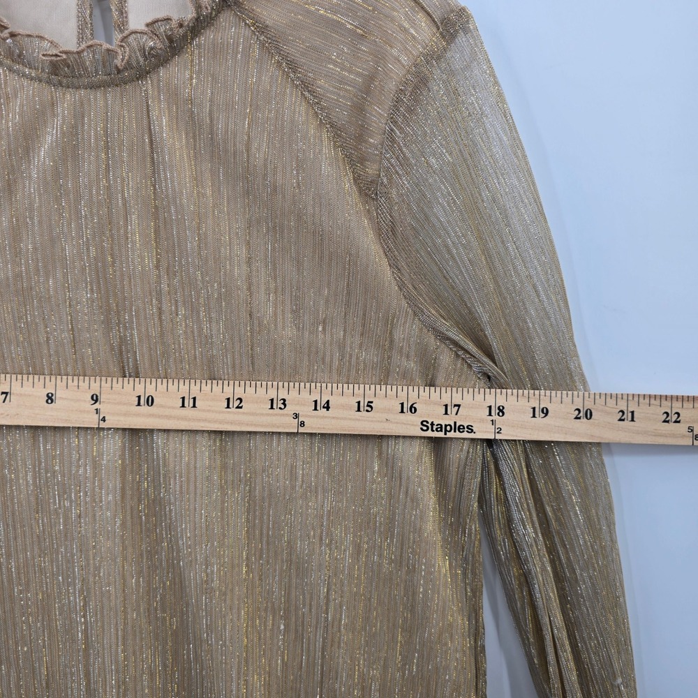 Love and Promises Blouse Womens Medium Gold Metallic Pleated Ruffle Neck - Picture 6 of 9